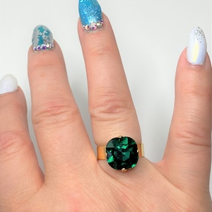 Emerald Crystal Ring, Square 12mm Fancy Stone Ring, Gold Plated, Green Rhinestone Ring, Cushion Cut Glass, Rings for Women