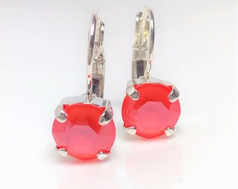 Light Coral Crystal Earrings, Orange Red 8mm Crystal Drops, Silver Plated Lever Back Earrings, Georgian Style Dangles