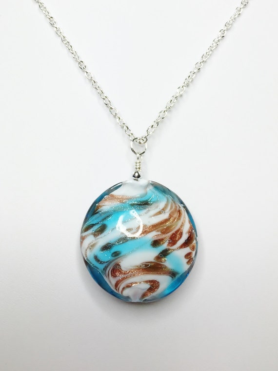 Blue Circle Pendant Blue Murano Necklace Bold Aqua Blue Etsy