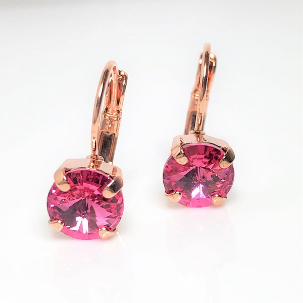 Rose Pink Premium Crystal Earrings, 8mm Crystal Drops, Rose Gold Plated, Lever Back Earrings, Georgian Paste Dangles, Gift for Her Wedding