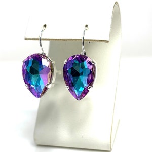 Purple Blue Crystal Silver Plated Earrings, Vitrail Light Teardrop Dangles, Statement Earrings, Mother of the Bride Earrings for Women