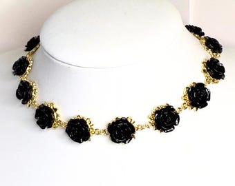 Black Rose Choker Bracelet Set: Gold Plated Tudor Jewelry