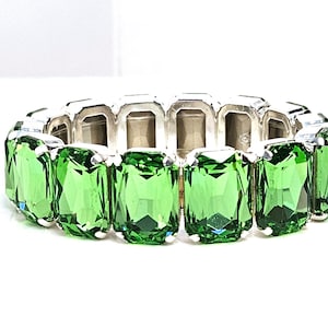 Peridot Green Crystal Stretch Bracelet: Silver Plated Rectangle Statement Jewelry
