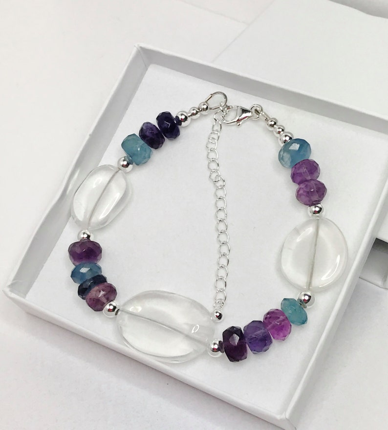 Fluorite and Quartz Sterling Silver Bracelet Girasol Quartz Bracelet Multicolour Jewellery Unique Gift for Her Purple Blue Green Bracelet