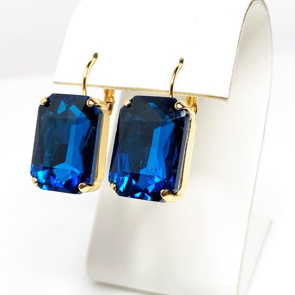 Blue Zircon Crystal Earrings, Blue Octagon Dangles, Rhinestone Drops, Earrings for Women, Statement Drops, Gold Plated, Georgian Paste,