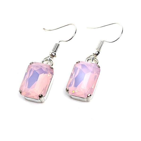 Pink Opal Crystal Earrings, Baby Pink Octagon Dangles, Pink Drops, Earrings for Women, Statement Drops, Gold Plated, Georgian Paste