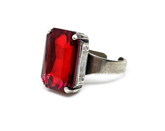 Siam Red Crystal Ring: Antique Silver Adjustable Statement Ring