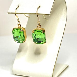Peridot Green Crystal Earrings, Gold Filled, Crystal Jewellery, Vintage Style Dangles, Green Octagon Drops, Dainty Square Earrings