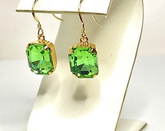 Peridot Green Crystal Earrings: Gold Filled Dangle Jewelry