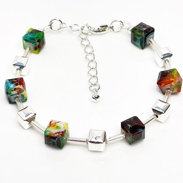 Bracelet Cube En Argent Multicolore, Bijoux Cube Géométriques, Argent Sterling, Plaqué Argent, Bracelet Perlé, Bracelets pour Femmes