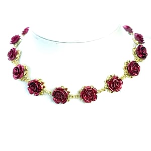 Red Rose Gold Plated Flower Jewellery Set, Medieval Tudor Style Floral Choker, Coquette Inspired Earrings, Regency Style Rose Jewellery.