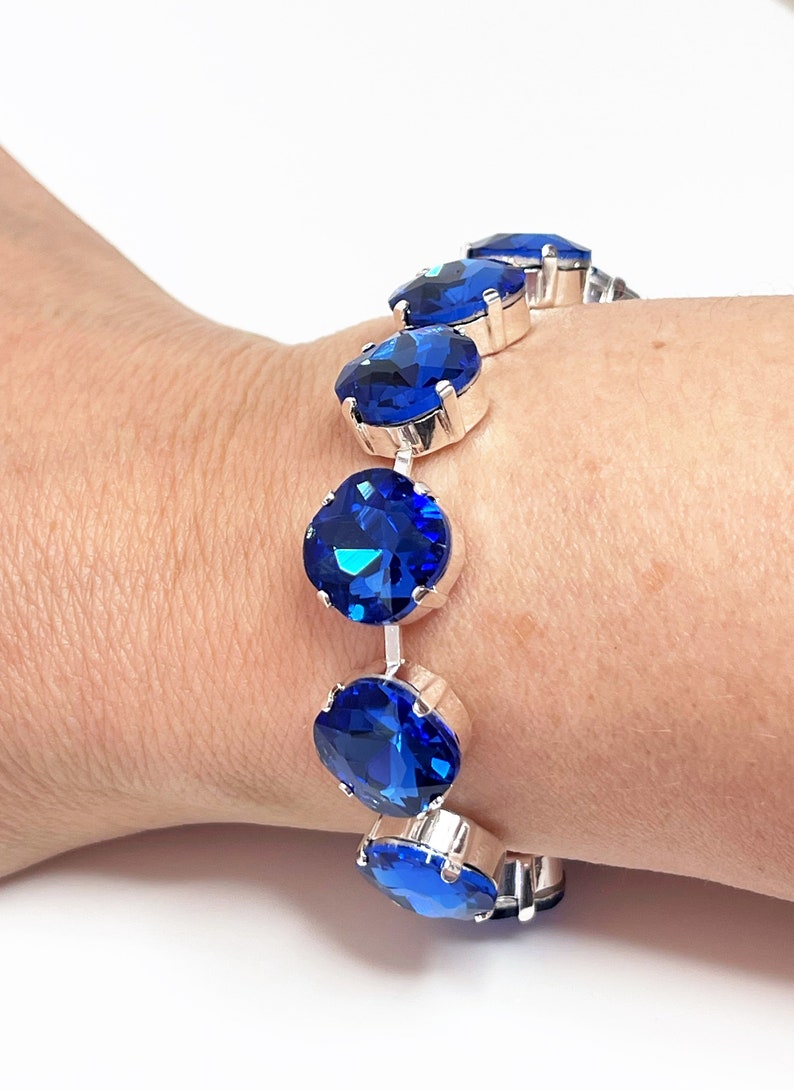 Sapphire Blue Crystal Bracelet, 12mm Cushion Cut, Blue Tennis Bracelet, Bridesmaid Gift, Georgian Statement Bracelet, Bracelets for Women image 4