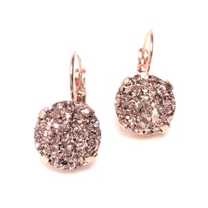 Rose Gold Faux Druzy Earrings Sparkly Rose Gold 12mm Crystal Drops Plated Lever Back Earrings Sparkly Gift for Her Birthday Gift