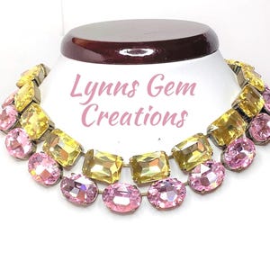 Anna Wintour Style Necklaces, Light Rose Crystal, Yellow Georgian Collet, Statement Rhinestone Choker, Oval Necklace, Necklaces For Women