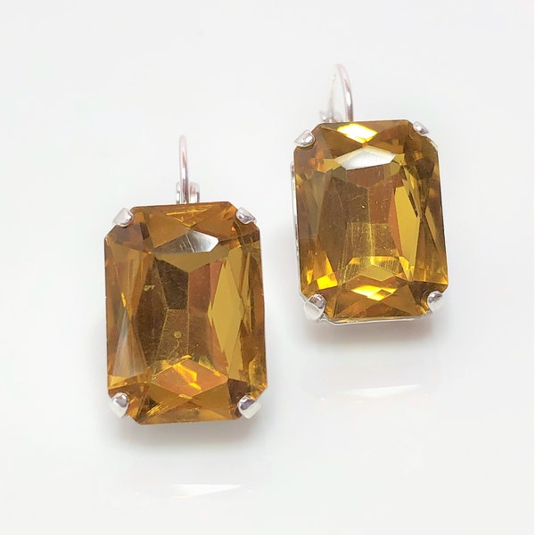 Topaz Crystal Earrings, Honey Octagon Dangles, Czech Rhinestone, Earrings for Women, Statement Drops, Silver Plated, Georgian Paste, Wedding