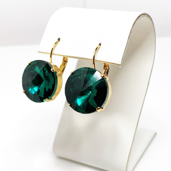 Emerald Crystal Earrings, Green Round Dangles, Rhinestone Drops, Earrings for Women, Statement Drops, Gold Plated, Georgian Paste