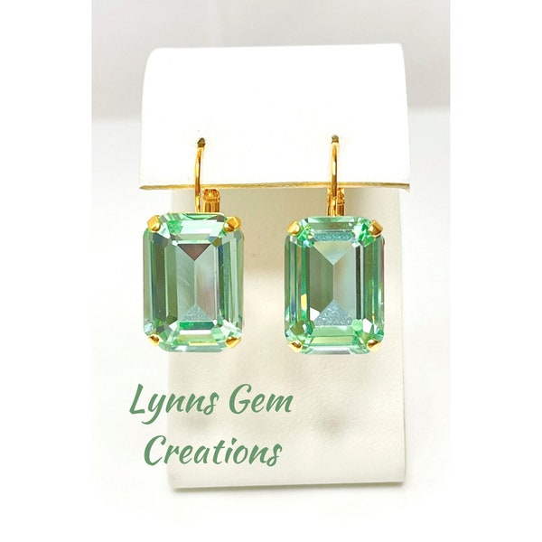 Mint Green Crystal Earrings, Gold Plated Drops, Vintage Style, Georgian Collet, Rectangle Statement Drops, Earrings For Women