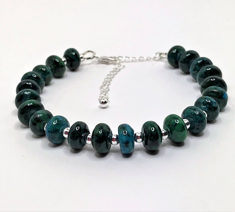 Chrysocolla Gemstone Bracelet 925 Sterling Silver Adjustable Bracelet Blue Green Beaded Bracelet Natural Stone Gift Unique Gift for Her