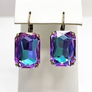 Purple Blue Crystal Earrings, Multicolour Octagon Dangles, Statement Drops, Antique Brass, Georgian Paste, Earrings for Women