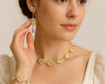 Regency Style Crystal Flower Jewelry Set, Gold Plated Necklace, Earrings & Bracelet