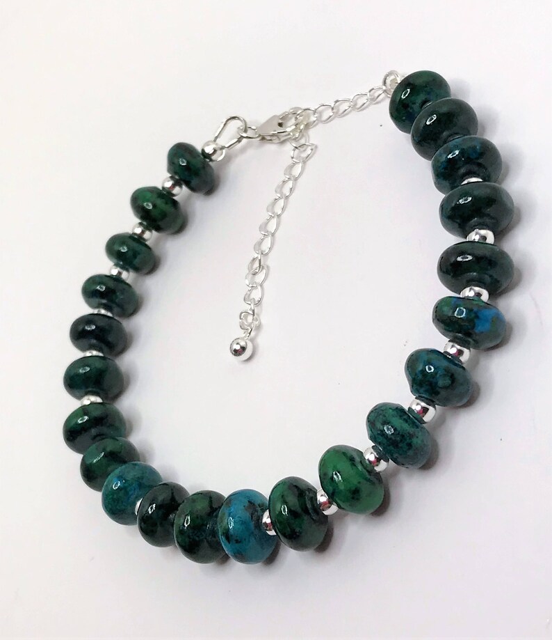 Chrysocolla Gemstone Bracelet 925 Sterling Silver Adjustable Bracelet Blue Green Beaded Bracelet Natural Stone Gift Unique Gift for Her