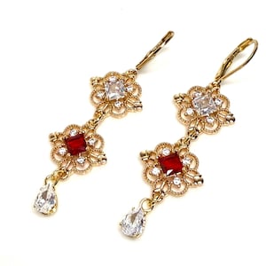 Vintage Style Ruby Red Crystal Gold Earrings, Regency Inspired Choker, Fairycore Bracelet, Jewellery Set For Women, Gift for Her