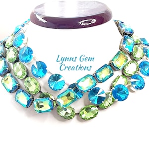Anna Wintour Necklaces, Peridot Aquamarine Georgian Collet Crystal Chokers, Blue Green Riviere Necklaces, Statement Necklace