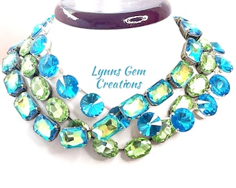 Anna Wintour Necklace, Peridot Georgian Collet, Aquamarine Crystal Choker, Blue Green Riviere Necklace, Statement Necklace, Layering Chokers
