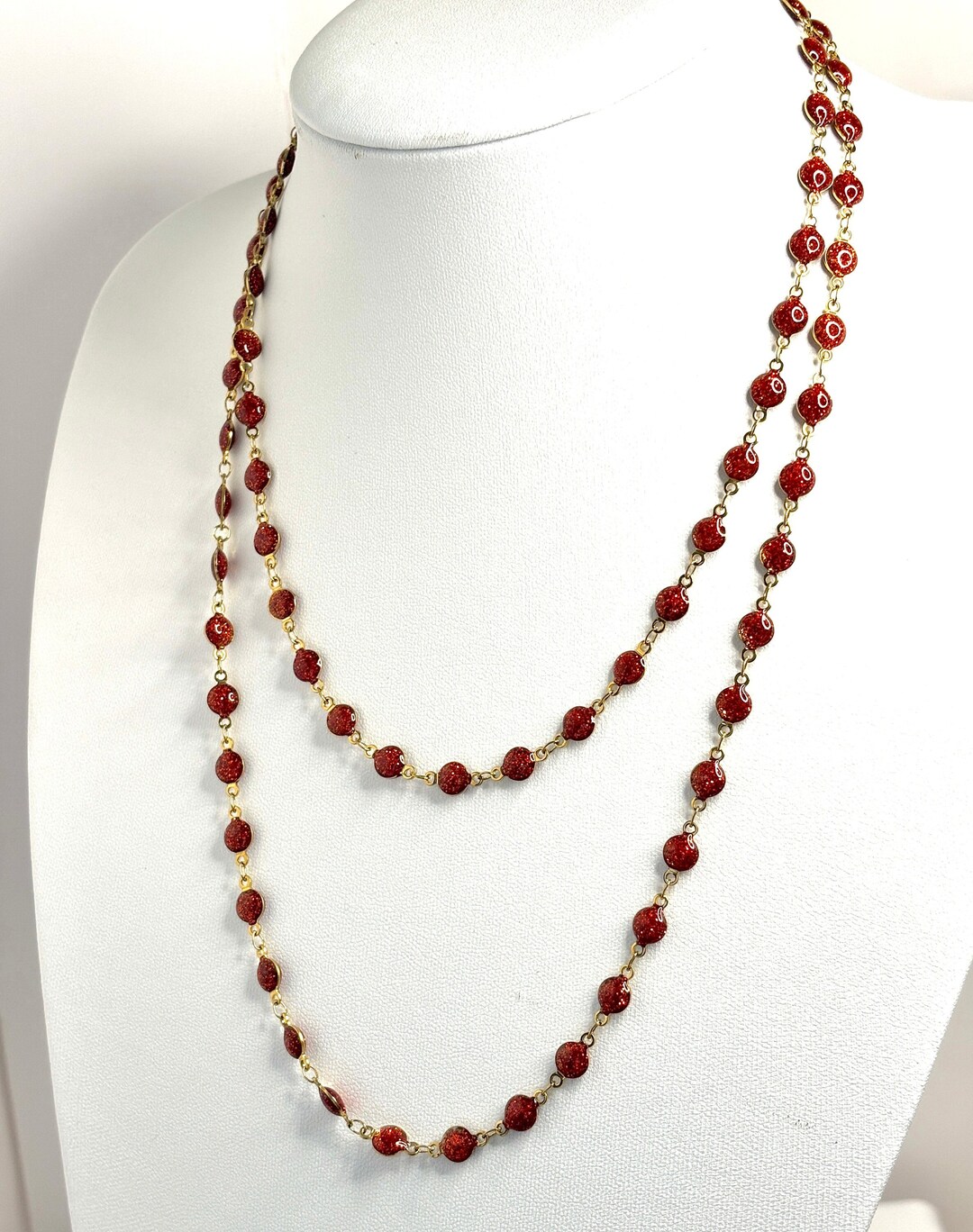 Ruby Red Glitter Bead Chain Necklace: Gold-plated, Extra Long (40 or 78 ...