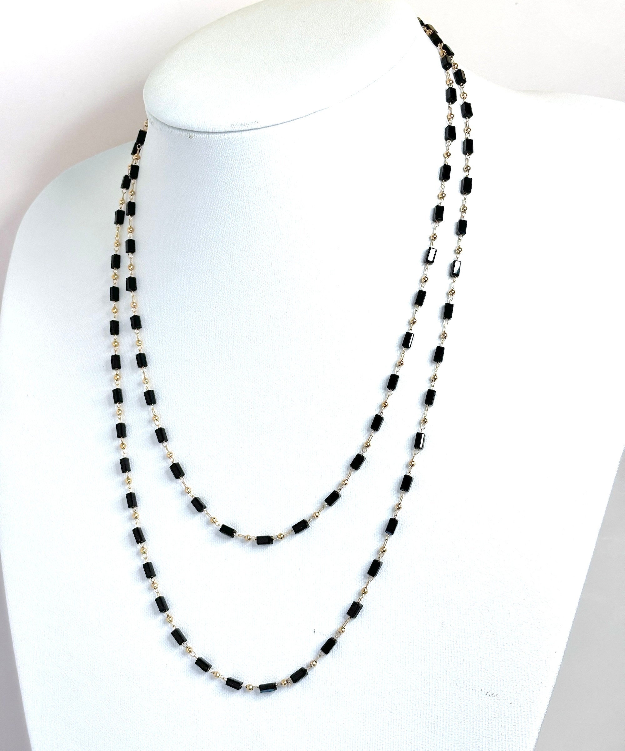 Long Black Beaded Gold Chain Necklace, Gold Tone, 40 or 78