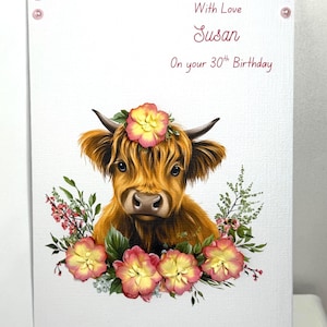 Personalised Cute Highland Cow Birthday Card For Her, Luxury Cow Greetings Card with 3D Flowers, Keepsake Named Age Card, Blank Inside