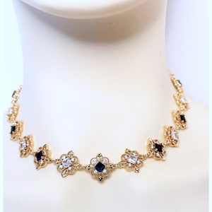 Vintage Style Sapphire Crystal Gold Necklace Earrings, Regency Inspired Choker, Regal Flower Necklace, Fairycore Choker, Gift for Her