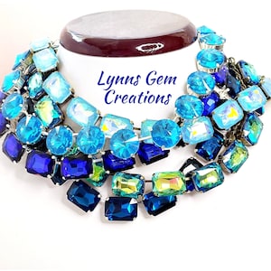 Blue Green Anna Wintour Style Necklaces, Aquamarine Crystal Choker, Blue Green Riviere, Gerogian Collet, Statement Layering Chokers