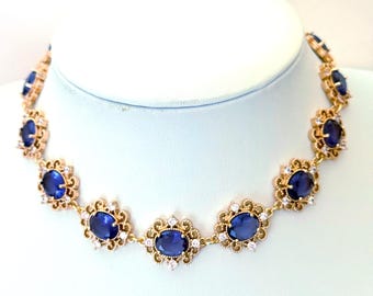 Dark Amethyst Regency Style Crystal Flower Jewelry Set, Gold Plated Necklace, Earrings & Bracelet