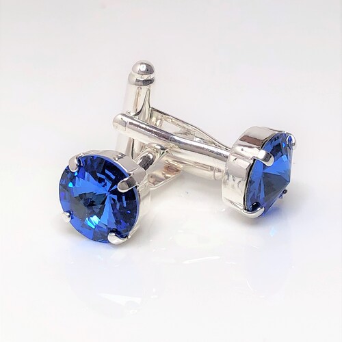 Sapphire Crystal Mens Cufflinks, 12mm Round, Silver Plated, Gift for Groomsmen, Blue Wedding Accessory, Father of the Bride