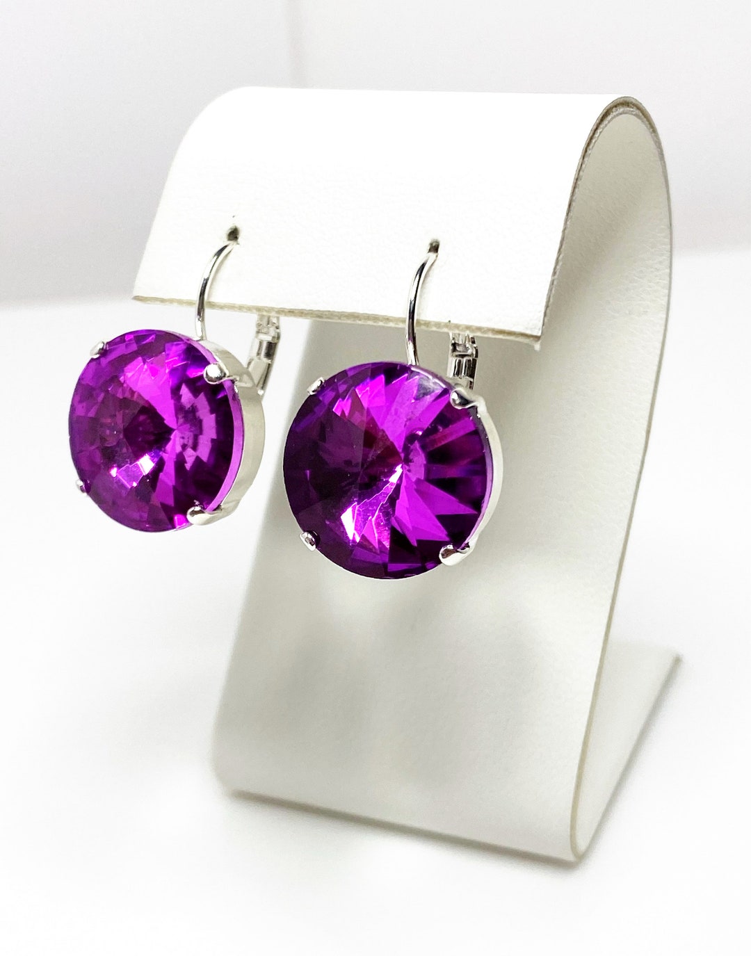 Fuchsia Pink Crystal Earrings, Pink Round Dangles, Rhinestone Drops