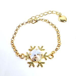 Gold Snowflake Clear Crystal Bracelet, Austrian Crystal Chain Bracelet, Adjustable Length, Xmas Gift for Her, Bracelets for Women