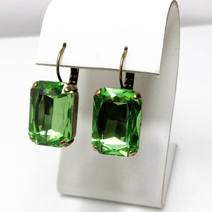 Peridot Crystal Earrings, Green Octagon Dangles, Rhinestone Drops, Earrings for Women, Statement Drops, Antique Brass, Georgian Paste,