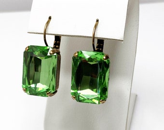 Peridot Crystal Earrings, Green Octagon Dangles, Rhinestone Drops, Earrings for Women, Statement Drops, Antique Brass, Georgian Paste,