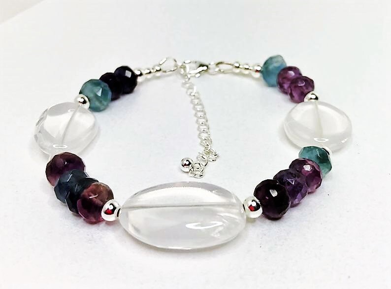 Fluorite and Quartz Sterling Silver Bracelet Girasol Quartz Bracelet Multicolour Jewellery Unique Gift for Her Purple Blue Green Bracelet