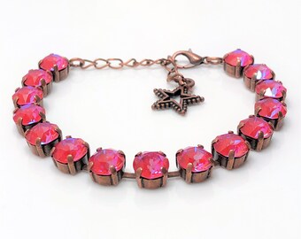 Pink Austrian Crystal Bracelet, Mariana Style, Georgian Paste, Antique Copper, Bracelets For Women, Lotus Pink De-lite Tennis