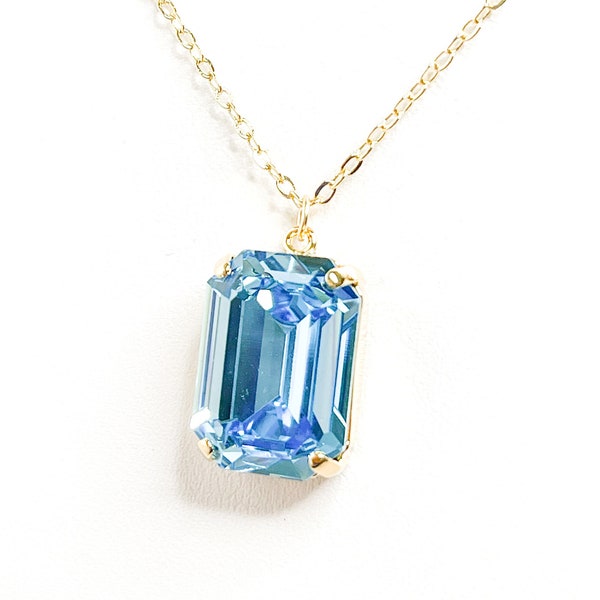 Aquamarine Austrian Crystal Pendant, Light Blue Rectangular Pendant, 925 Sterling Silver, Gold Filled, Crystal Jewellery, Bridal Necklace