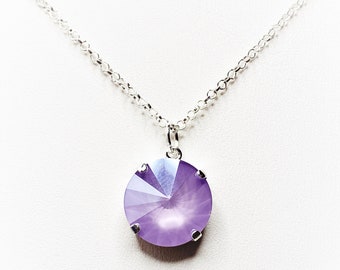 Lilac Crystal Pendant, Sparkly Crystal Necklace, Light Purple, Large 14mm Rivoli Pendant, Lilac Round Crystal Necklace