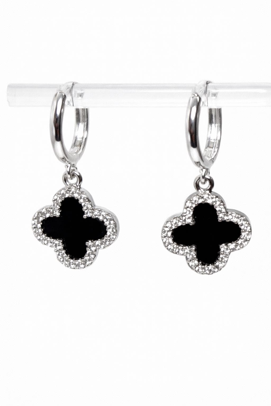 Four Leaf Clover Black Onyx CZ Earrings, Silver Huggie Hoop Drops