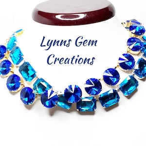 Aquamarine Sapphire Crystal Georgian Collet Necklaces, Anna Wintour Style, Rhinestone Statement Choker, Necklaces for Women