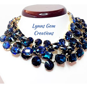 Anna Wintour Style Necklaces, Sapphire Georgian Collet, Crystal Choker, Blue Zircon Riviere Necklace, Layering Statement Necklace,
