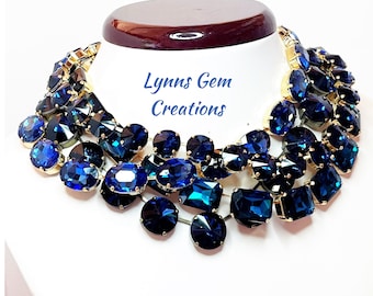 Anna Wintour Style Necklaces, Sapphire Georgian Collet, Crystal Choker, Blue Zircon Riviere Necklace, Layering Statement Necklace,
