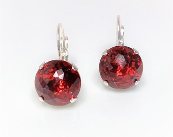 Scarlet Red Dome Cut Earrings, 12mm Ruby, Round Crystal Drops, Silver Lever Back Earrings, Scarlet Gift for Her, Earrings for Women