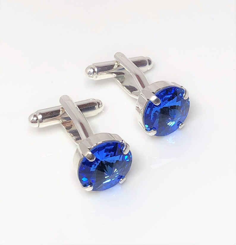 Sapphire Crystal Mens Cufflinks 12mm Round Swarovski Silver Etsy
