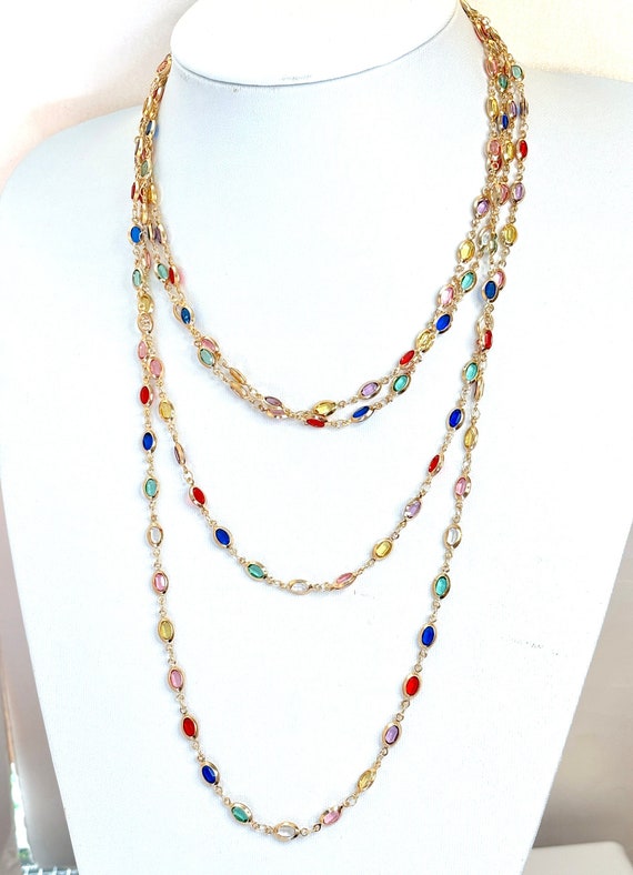 Collier Vintage Or Avec Pendentif Cristaux Multicolores - État Impeccable, Occasion